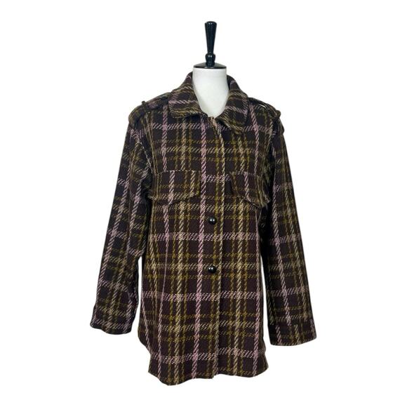 Eesome Jacket Collared Button Closure Brown Pink Tan Plaid Women’s Size Large - Picture 1 of 12